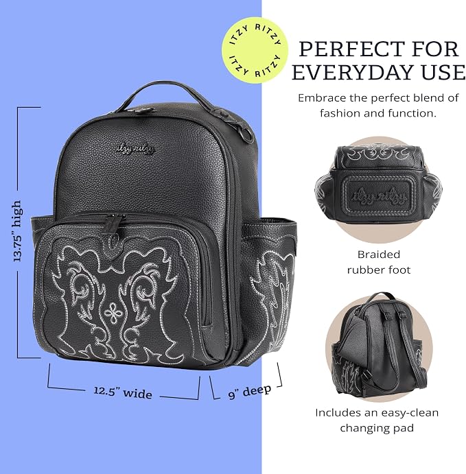 Itzy Ritzy Mini Diaper Bag Backpack - 10 Pockets w/Changing Pad (Outlaw) | Chic Mini Plus Diaper Bag with 2 Insulated Bottle Pockets, Key Lanyard, Wipeable Changing Pad, Grab-Top Handle & Rubber Feet - Image 5