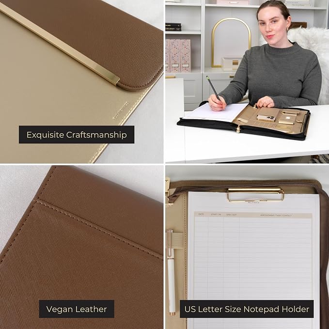 BLU MONACO | Brown Vegan Leather Padfolio | Zippered Work Organizer Binder with Gold Trim | Professional Document Case 8.5 x 11 for Women - Image 5