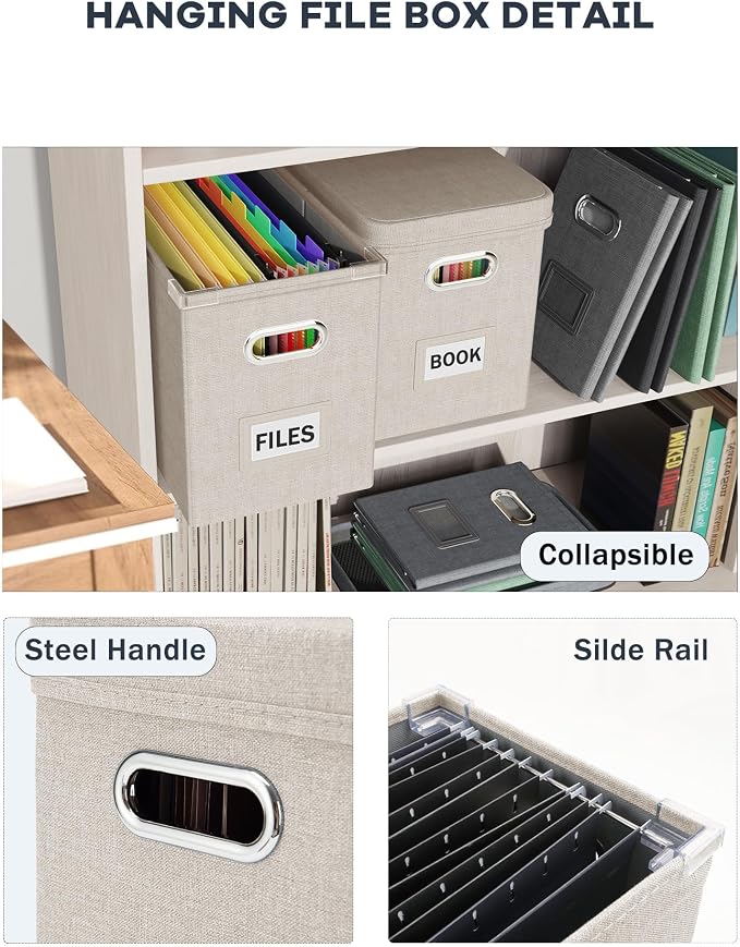 File Organizer Box with Lid, Hanging Filing File Box with Mesh Pocket, Document Organizer Box for Letter Files, Portable Storage Box with Smooth Sliding Rail for Office&Home (1 PCS, Beige) - Image 5