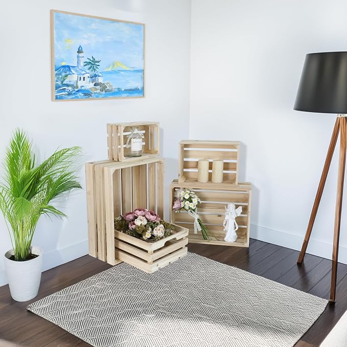 Wooden Crates, Unfinished Set of 5 Large Wood Crates with Handles, Rustic Farmhouse Wooden Crate for Decor, Wedding Birthday Home Party Living Room Kitchen Decoration - Image 6