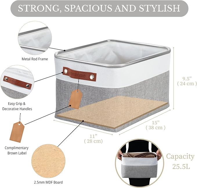 DECOMOMO Storage Bins, Large Fabric Storage Baskets for Shelves 4 Pack | 15 x 11 x 9.5 inches Decorative Linen Closet Organizers (Grey & White) - Image 3