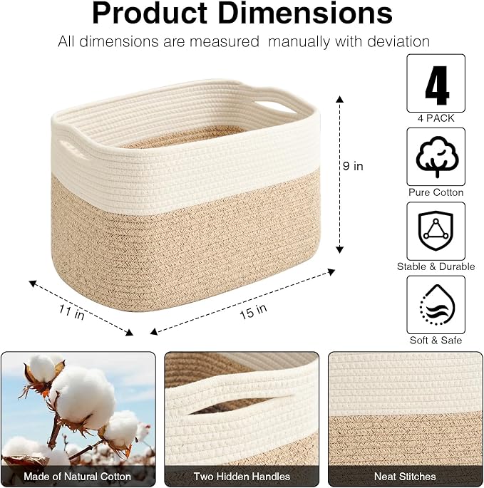 ICERZCZ Woven Cotton Rope Storage Baskets for Organizing & Shelves, Organization Bins for Dog Toys, Clothes, Books, Nursery Organizer, 15"x11"x9", Off White & Mixed Brown (4 Packs) - Image 2