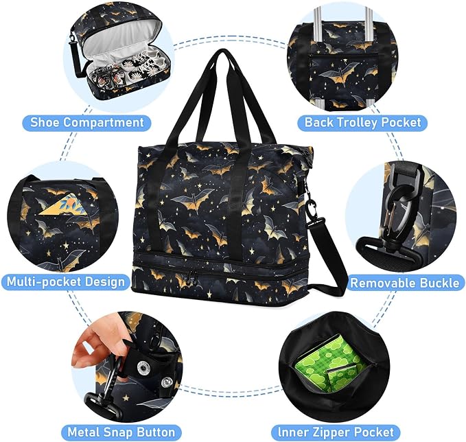 Travel Duffel Tote Bag Gothic Skull Bat Sports Duffel Bag with Wet Pocket Weekender Overnight Bag for Women Men Gym Bag, Carry On Bag Hospital Bag for Labor and Delivery - Image 2