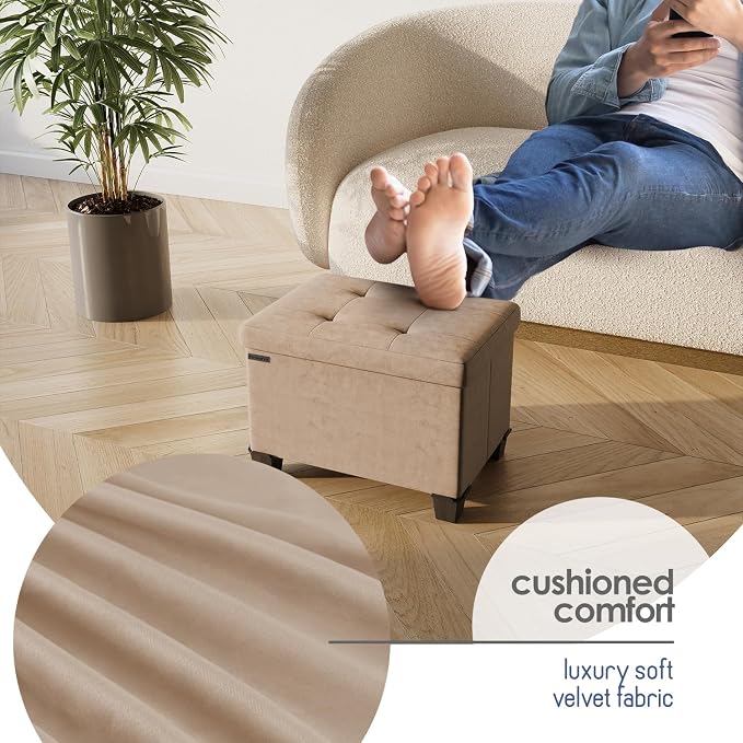 Storage Ottoman Cube with Small Bin, 16-in Square Ottoman with Storage for Living Room and Bedroom, Small Ottomans Foot Rest, Velvet Foot Stools Ottomans Max 330lbs, Taupe - Image 7
