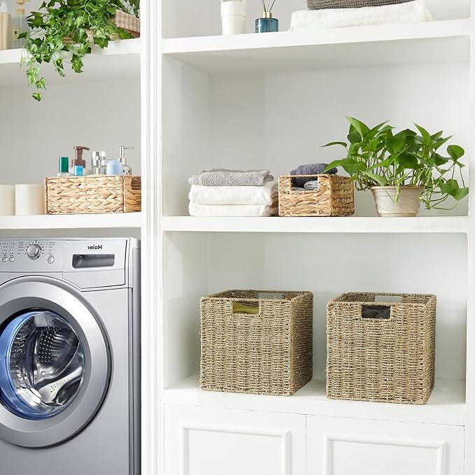 Wicker Storage Basket, Set of 2 Seagrass Storage Baskets, Foldable Wicker Basket 9 Inch Square Cube Storage Bins Storage Baskets for Organizing Shelf Baskets, 9''x9''x9'' - Image 7