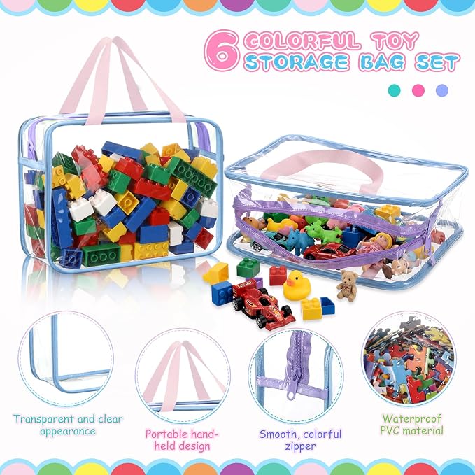 Shinylin 12 Packs Large Toy Storage Bags with Labels Clear PVC Toy Organizer with Zipper Colorful Classroom Storage Reusable Waterproof Organizer for Playroom School Blocks Game (Mix Pastel Color) - Image 3