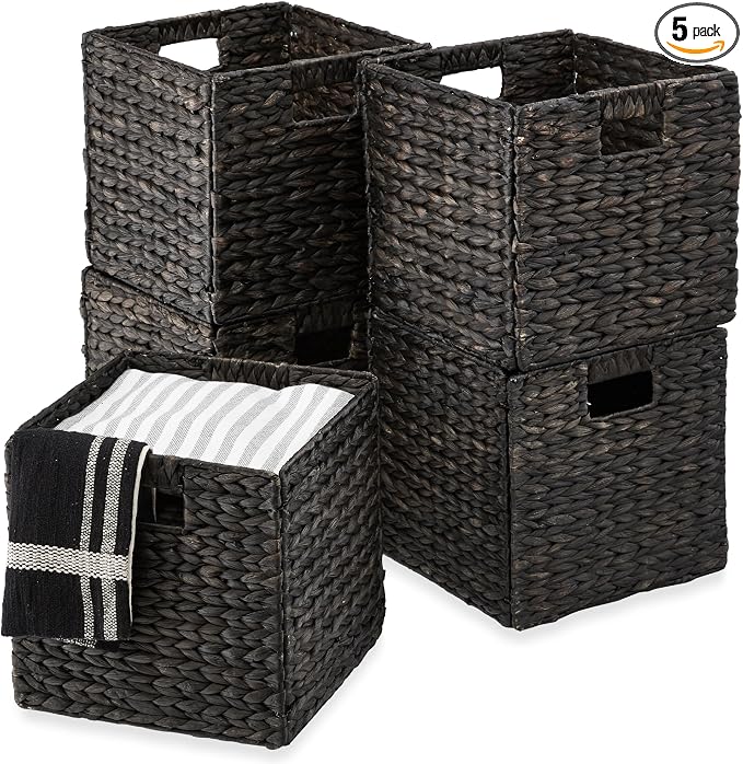 Best Choice Products 12x12in Pack of 5 Cube Storage Baskets, Water Hyacinth Multipurpose Collapsible Organizers, Handwoven Laundry Totes for Laundry, Living Room, Kids Room & Nursery - Black by Unknown