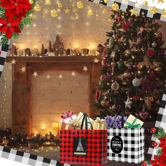 Colarr 18 Pcs Extra Large Christmas Tote Bags with Handle Christmas Gift Bag Non Woven Red Black Buffalo Plaid Waterproof Reusable Bag for Winter Xmas Holiday Wedding Party Supplies, 16.5''x 13 "x 7'' - Image 4