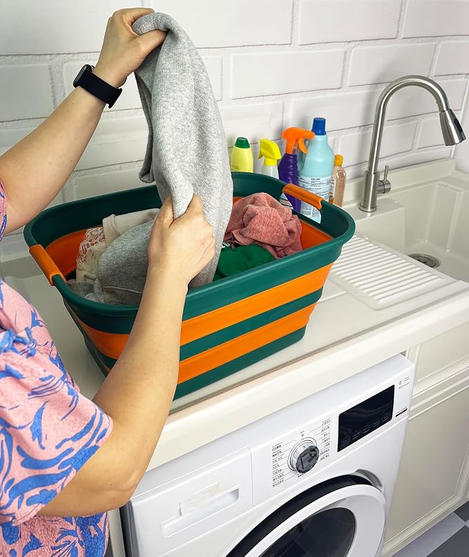 SAMMART Collapsible Plastic Laundry Basket with Handle/Foldable Pop Up Storage Hamper/Portable Laundry Organizer-Space Saving Washing Tub/Household Storage (Teal Green/Autumn leaf, 27L (Set of 2)) - Image 3