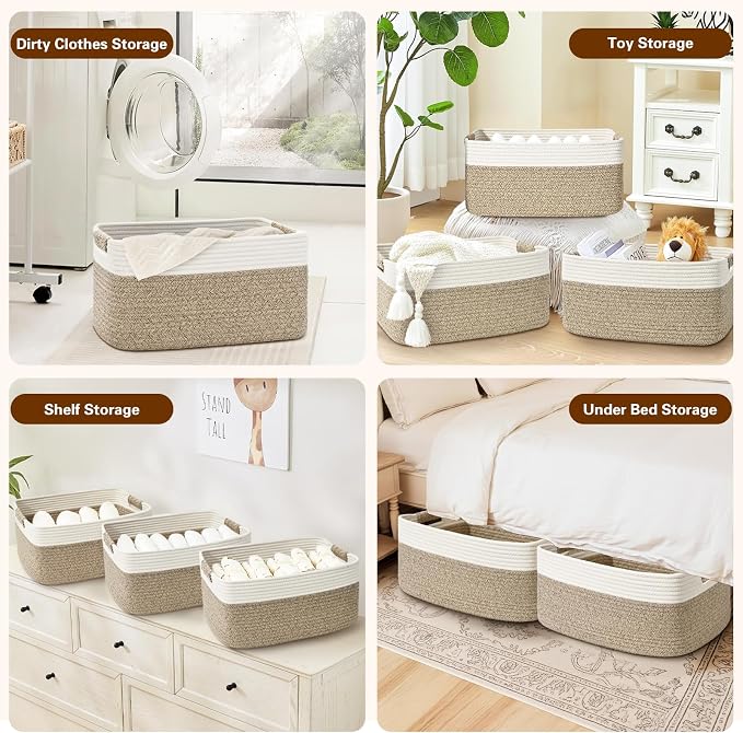 3 Pack Large Storage Basket for Organizing, 17.5"x13"x7" Woven Basket for Shelves, Closet Cube Storage Bins with Wrapped Handle, Cotton Rope Baskets for Kitchen, Clothes, Toys(Off White & Brown) - Image 4
