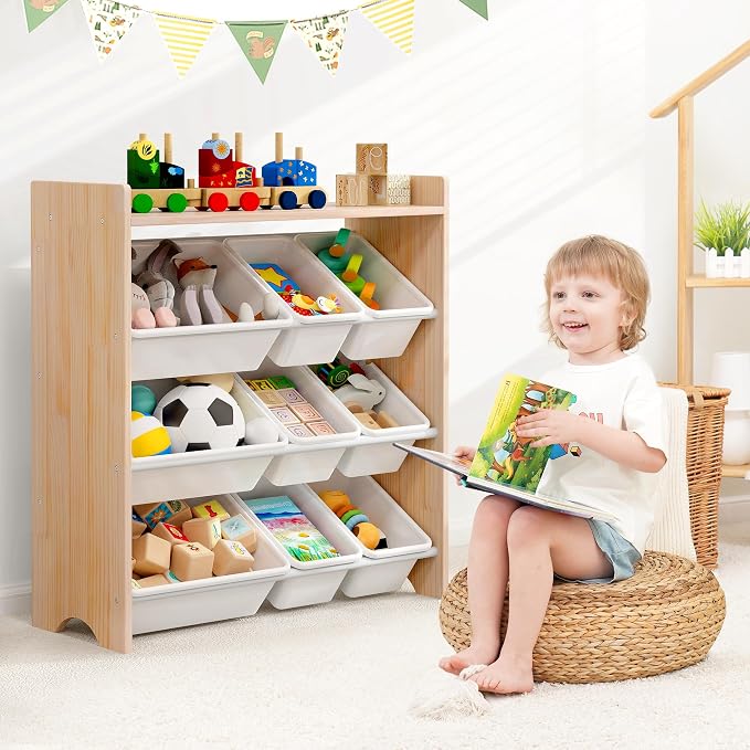 MallBest Kids Toy Organizer with 9 Bins – 4-Tier 100% Solid Wood Storage Shelf for Playroom or Nursery, Natural Wood Kids Storage Cabinet - Image 2