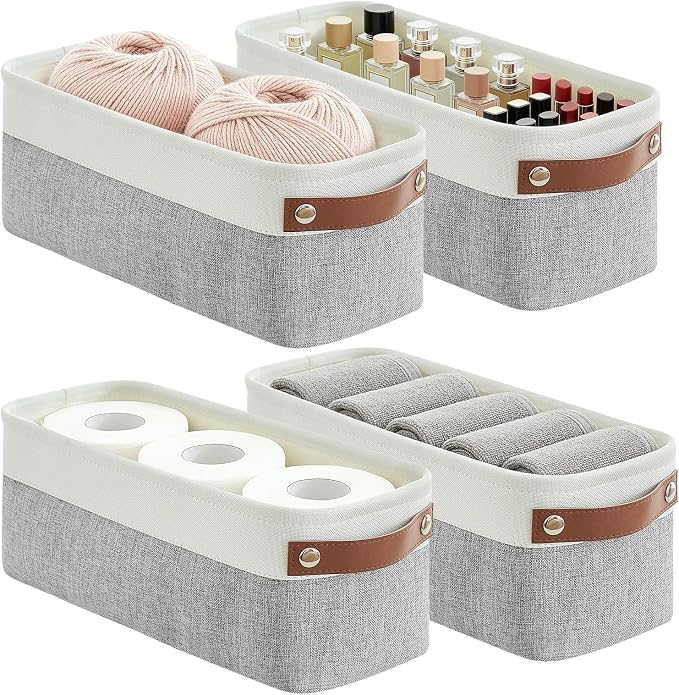 Small Fabric Storage Baskets, 15x6x5 inch Narrow Storage Bins 4-Pack Long Storage Basket for Organizing with Handles, Decorative Basket for Closets, Shelves, Toilet Paper, Grey by Bagnizer