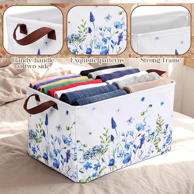 Fourluoo 12 Pack Floral Storage Basket with Handles Clothes Storage Basket Bin Foldable Box Bins Organizer for Closet Shelf Nursery Kid Room Book Toy Chest - Image 5