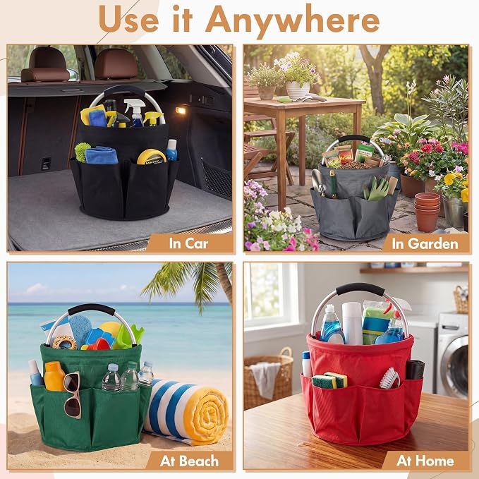 LemonRoad 4 Pack Cleaning Caddy with Handle 17L Foldable Cleaning Supplies Organizer Oxford Cloth Storage Basket with 6 Pockets Portable Multi Bucket Bag for Home Garden(Black,Dark Gray,Red,Green) - Image 6