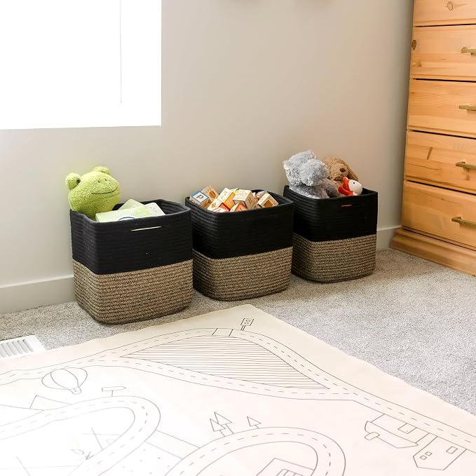 NaturalCozy 13 Inch Cube Storage Bins Cotton Rope Woven Baskets for Organizing 3-Pack | 13 x 13 Storage Cubes | Fabric Square Storage Baskets for Shelves Organizer, Kids Toy Bins, Closet Baby Nursery - Image 5