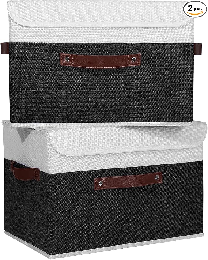 ANMINY Fabric Storage Box Bins with Lids, Black White, 15"x10"x10", 2 Pack | Keepsake Memory Storage, Cotton Linen, PP Board Reinforced, Washable, PU Handles, Foldable & Stackable, Decorative, Large by ANMINY