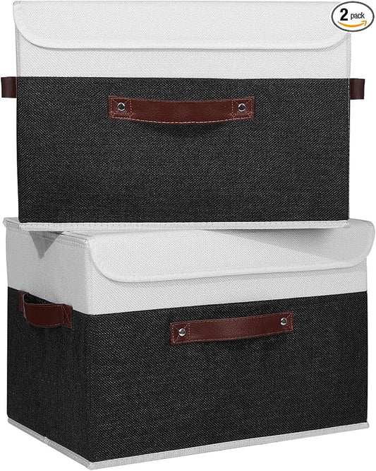 ANMINY Fabric Storage Box Bins with Lids, Black White, 15"x10"x10", 2 Pack | Keepsake Memory Storage, Cotton Linen, PP Board Reinforced, Washable, PU Handles, Foldable & Stackable, Decorative, Large by ANMINY