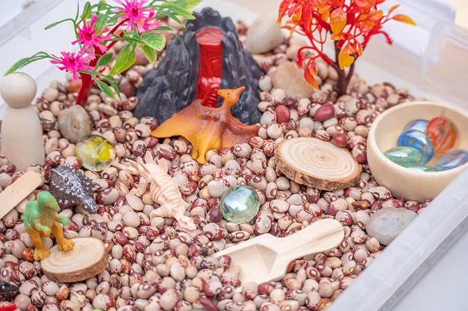 Dinosaur Sensory Bin Kit for Kids | Taste-Safe Pinto Beans, Fossil Skeletons, Trees, Volcano & Durable Wooden Tools – Includes Storage Bin - Image 6