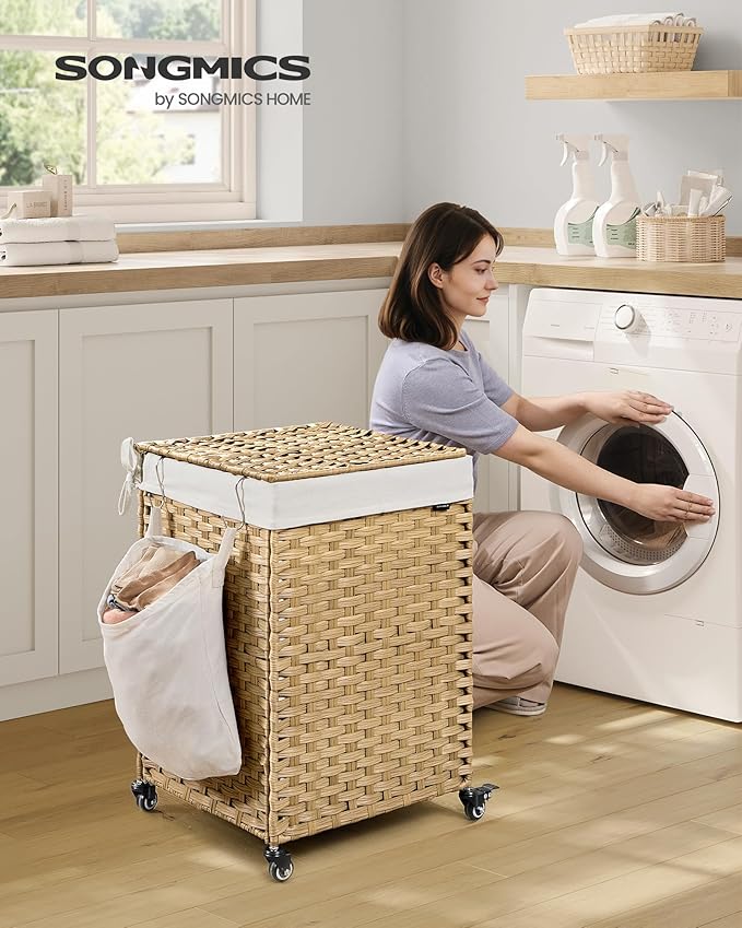 SONGMICS Laundry Hamper with Lid, 31.7 Gallons (120 L), Rolling Laundry Basket with Wheels, Synthetic Rattan, Removable Liner, Bedroom, 18.1 x 15.7 x 26 Inches, Natural Color ULCB161Y01 - Image 2