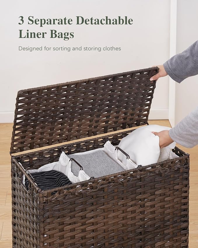 SETVSON Laundry Hamper with Lid, 35 Gal 3-Bag Clothes Sorter, Brown | Large Family Laundry Trunk with Lid, 3 Compartment Sorting Liner, 6 Wash Bags, Elevated PE Rattan Bin with Handles - Image 3