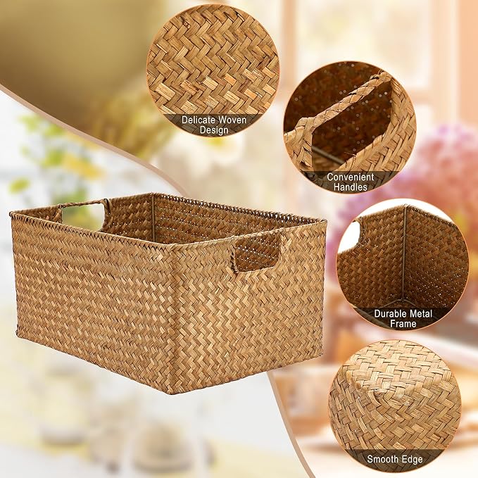 Hipiwe Seagrass Storage Baskets Bin for Shelf Large Handwoven Wicker Basket | Rectangular Bedroom Bathroom Organizer Built-in Handles, Multipurpose Woven Basket Bin Boxes,14.6"x 10.6"x 7.1" - Image 7
