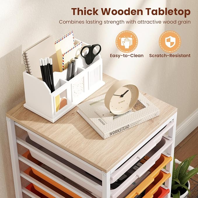 Giantex Rolling Storage Cart with 10 Drawers, Utility Cart w/Wooden Tabletop, Lockable Wheels, Multipurpose Organizer for Art Craft Books Paper, Drawer Carts for Dorm Classroom Office, Macaron - Image 7