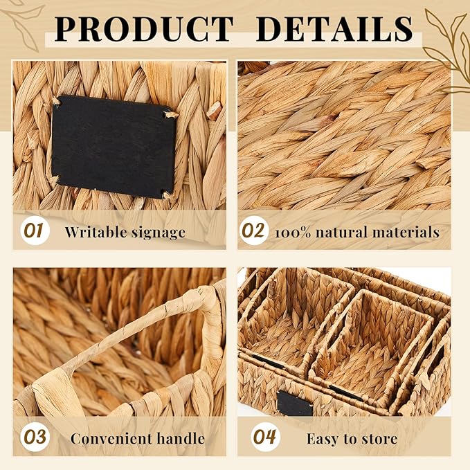 4 Pcs Water Hyacinth Storage Basket Set Boho Wicker Rattan Pantry Basket with Chalkboard Label Handles Woven Container Kitchen Laundry Large Small for Shelves Food Home Bathroom Decor - Image 3