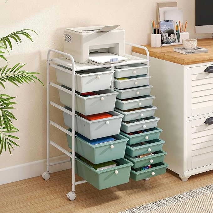 15 Drawer Rolling Storage Cart, Rolling Cart with Drawers for Classroom, Art Supply Craft Organizer on Wheel with Metal Frame & Handles for Home Office School (Gradient Green, 15 Drawer) - Image 7