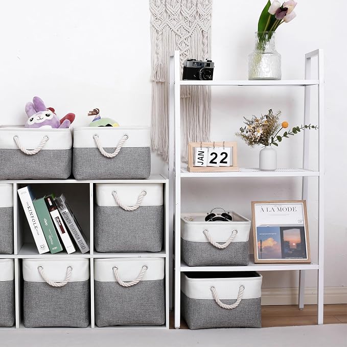 11 Inch 6 Pack Cube Storage Bins with Handles | Foldable Storage Basket,Fabric Storage Basket,Storage cube baskets suitable for the Home and Office(White&Gray) - Image 3