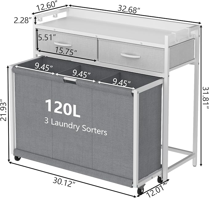 Laundry Hamper Laundry Basket with 3 Section Pull-Out Rolling Bags, Laundry Sorter for Organization and Storage with 2 Pull-Out Drawers for Laundry Room (White+Grey, 32.68'' x 31.81'' x 12.6'') - Image 7