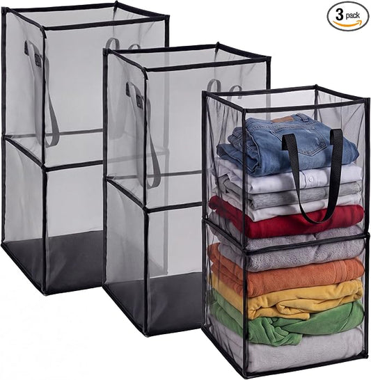 Zopeal 3 Pack Collapsible Mesh Laundry Basket, Black, Double-layer | 13 Inch Square with Handles, Portable Foldable Hamper, Mesh See-through, Space Saving for Dorm Bedroom Laundry Room by Zopeal