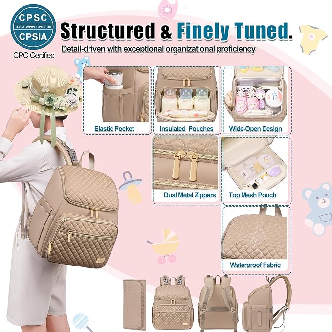 Diaper Bag Backpack Large Baby Diaper Bag with Changing Pad Travel Diaper Backpack,Baby Bag for Boys Girls,Stroller Straps,5 Insulated Pockets (Khaki) - Image 5