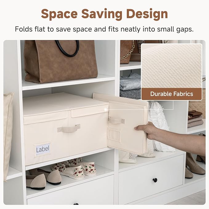 StorageWorks 55L Extra Large Fabric Storage Bins with Lid, Foldable Closet Organizer Boxes with Label and Handles, Decorative Storage Baskets for Clothing and Blankets, Cream White, 2-Pack - Image 7