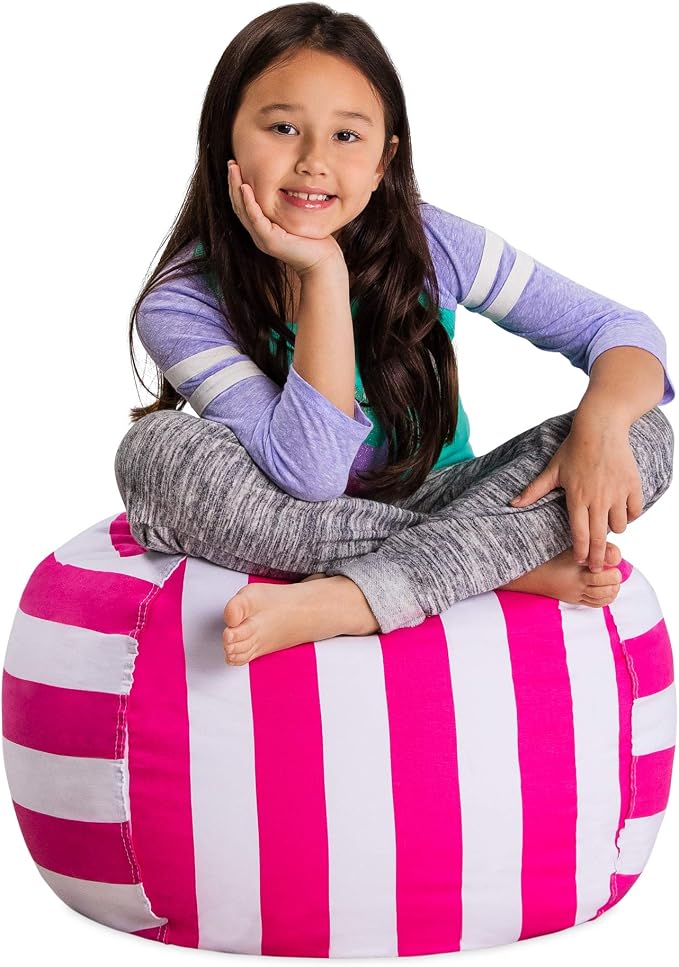 Posh Stuffable Kids Stuffed Animal Storage Bean Bag Chair Cover - Childrens Toy Organizer, Medium 27" - Canvas Stripes Pink and White by PoshCreations