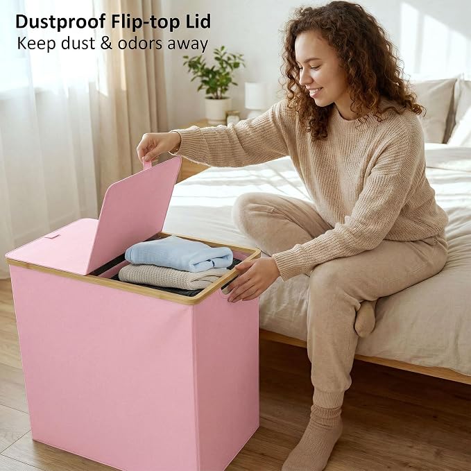 efluky Laundry Hamper with Lid, Double Laundry Basket with 2 Removable Bags, 2 Section Laundry Bin with Bamboo Handles for Bathroom, Bedroom & Laundry Room, 140L (36.9 Gallon) Pink - Image 4