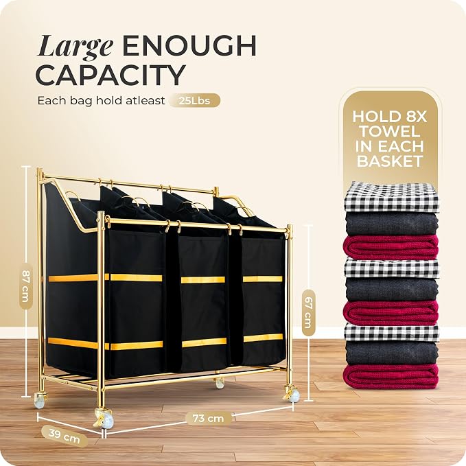 LUXURY STYLE Laundry Hamper, 3-Section Rolling Laundry Sorter Cart with Wheels, Modern Golden Hamper with 3 Bags for Clothes, Toys, and Towels - Image 5