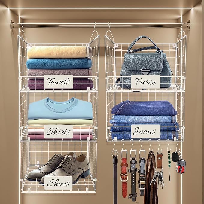 DECOLURE 5-Tier Adjustable Hanging Closet Organizer – Maximize Hanging Storage w/ 4 Hanging Hooks, 8 S Hooks & 5 Name Plates - Sturdy Foldable Wire Storage Hanging Shelves for Clothes, Towels (White) by DECOLURE