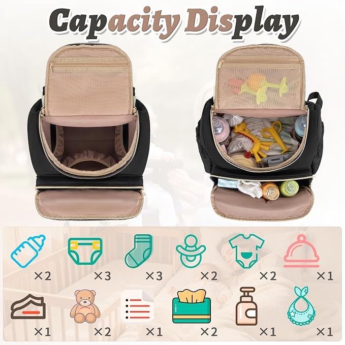 Small Diaper Bag, 22L Stylish Baby Mini Maternity Travel Backpack | with Changing Pad, Pacifier Bag, Stroller Straps Parents Essentials for Outdoor Trip Hospital & Daily Work, Black - Image 4