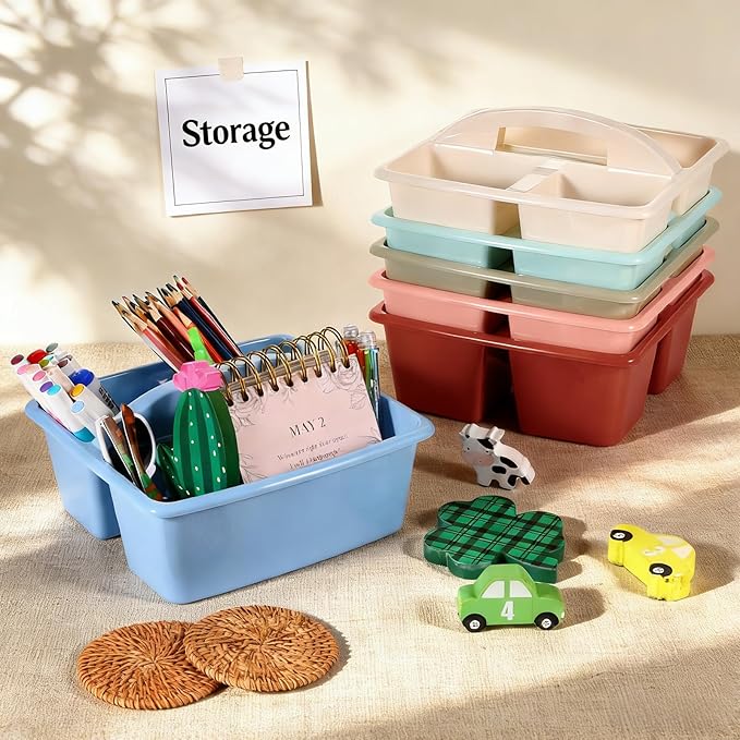 6 Pack Classroom Caddy with Handle Plastic Storage Caddy Organizer with 3 Compartments Desk Caddies Holder Portable Storage Bin for Pencil, Crayon, Marker, Home, Office, School Supply(Morandi Colors) - Image 4