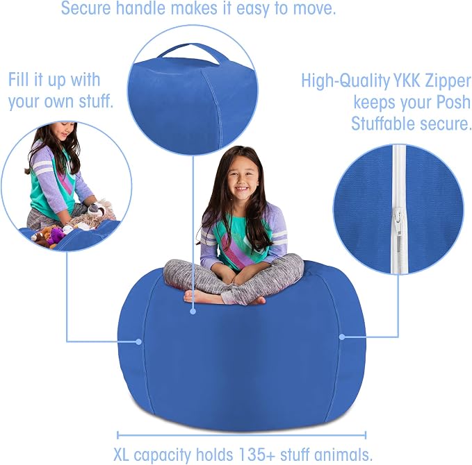 Posh Stuffable Kids Stuffed Animal Storage Bean Bag Chair Cover - Childrens Toy Organizer, X-Large 48" - Solid Royal Blue - Image 2