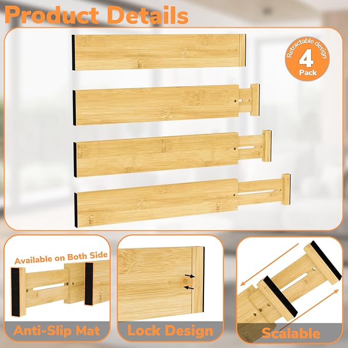 BAMEOS Bamboo Expandable Drawer Dividers – Fits 16.65"–22" Drawers, 3" Deep Walls, Set of 4 | Taller Spring-Loaded Separator Keeps Items Upright in Kitchen & Dresser Drawers - Image 6