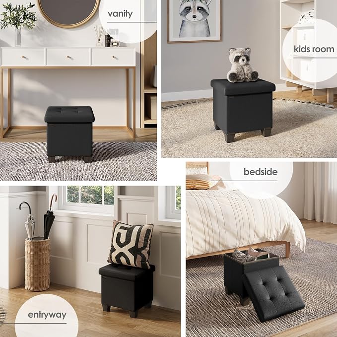 Storage Ottoman Cube with Small Bin, 15-in Square Ottoman with Storage for Living Room and Bedroom, Small Ottomans Foot Rest, Faux Leather Foot Stools Ottomans Max 330lbs, Black - Image 5