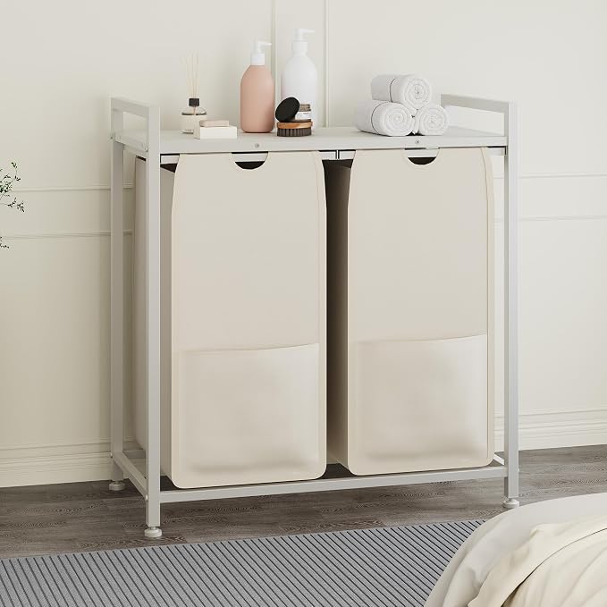 Garvee 97L Laundry Basket 2 Section, Laundry Hamper with Shelf & 2 Removable Bags, Dirty Clothes Basket Organizer for Bathroom Bedroom Room Organization, 2 x 12.8 Gal (48.5L), White and Beige | Laundry Basket with Shelf & 2 Removable Bags, Dirty Clothe... - Image 8