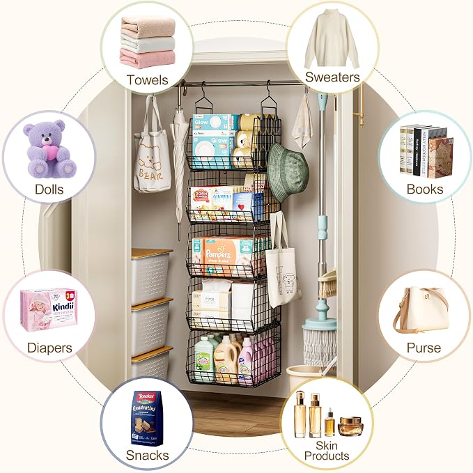 Capacity Upgrade Edition Deeper 4'' 5 Tier Foldable Hanging Closet Organizer and Storage，Wire Cabinet Shelves and Rack with 5 S Hooks,Stackable Metal Basket Bins for Clothes Shoe Purse,Black - Image 7