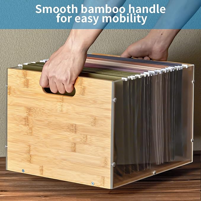 Sbanmao 2 Pack Hanging File Organizer, Clear Acrylic File Box Organizer, Bamboo Filing Box File Crate Storage Boxes, Portable Filing Organizer with Handle for Letter Size - Image 7