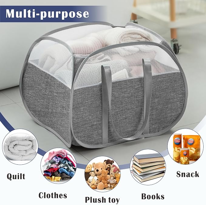 93L Collapsible Laundry Baskets Pop Up Laundry Hamper with Reinforced Handles Reliable Foldable Laundry Hamper for Laundry Room Kids Room (Large Grey) - Image 6