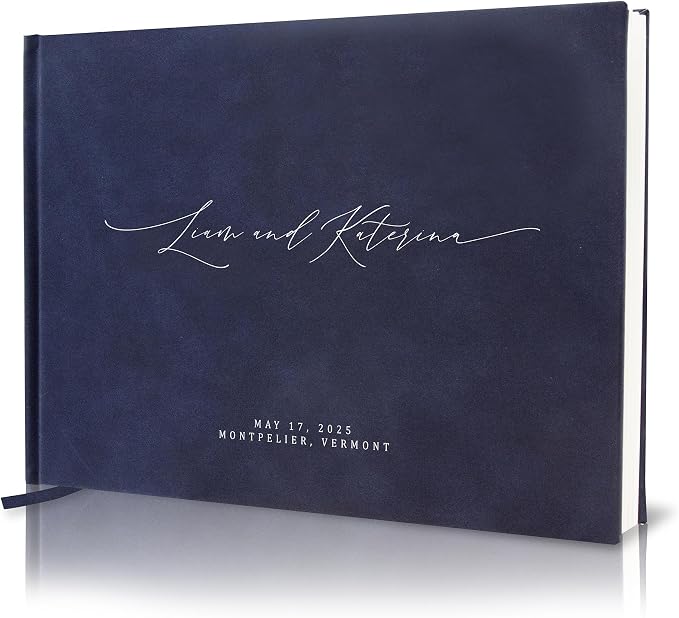 Personalized Guestbook in Navy - Premium Custom Modern Guest Book for Wedding Reception, Birthday Party or Events w/Bookmark Blank Pages for Signing 11.5 x 8.5 inches by MUUJEE