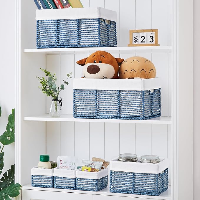 Wicker Storage Basket, 6 Pack Baskets for Organizing, Wicker Baskets with Handle, Rectangular Woven Basket for Storage Shelves, Cube Storage Bins for Closet/Clothes/Dresser, Blue - Image 4