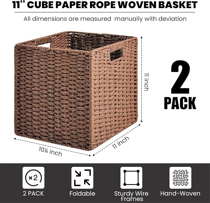 ICERZCZ Wicker Storage Baskets for Organizing Shelves, Paper Rope Woven Basket for Storage, Wicker Storage Cubes Bins, 11"x10.25"x11", 2 Packs, Brown - Image 3