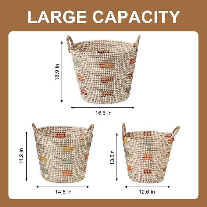 Laundry Hamper Basket 3-Piece Set with Handles - Large (45L), Medium (29L), Small (20L) - Natural Seagrass Woven Storage Bins for Clothes, Blankets, Toys, Bedroom & Bathroom Organization - Image 2